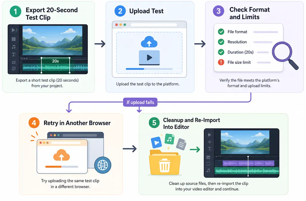 Workflow diagram showing export a tiny test clip, verify limits, retry, then clean the file directly and re-import