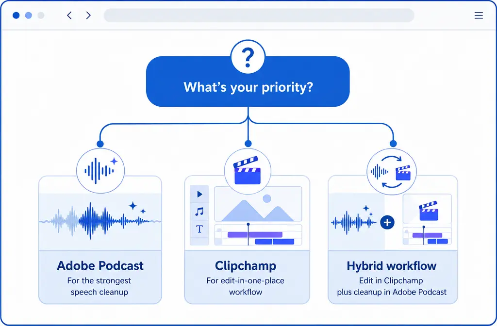 Decision chart comparing when to choose Adobe Podcast, Clipchamp, or a hybrid workflow for noisy voice audio