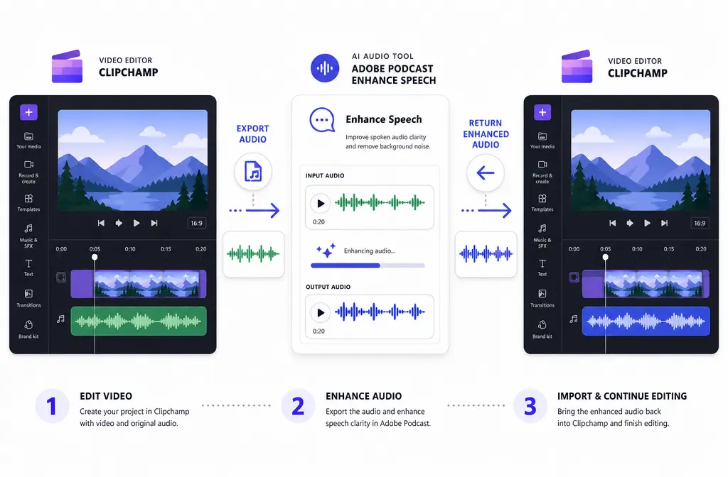 Step-by-step hybrid workflow from Clipchamp editing to Adobe Podcast cleanup and back into the video timeline