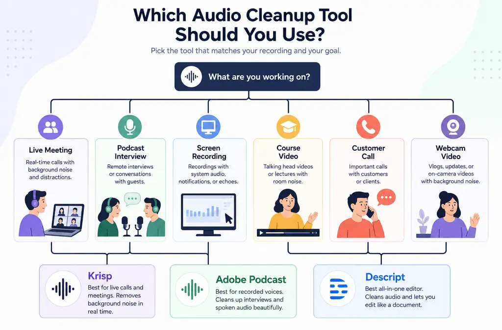Decision tree for choosing Krisp, Adobe Podcast, or Descript based on meeting, podcast, screen recording, and course video use cases