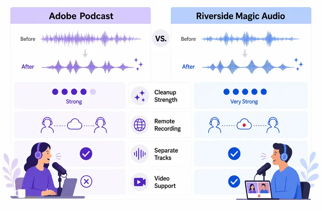 Side-by-side comparison of Adobe Podcast and Riverside Magic Audio for voice cleanup and workflow