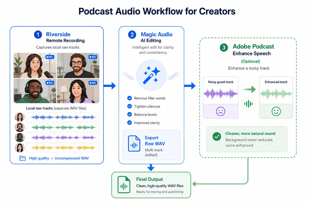 Workflow diagram showing Riverside recording to raw tracks, then optional Adobe cleanup for noisy guest audio