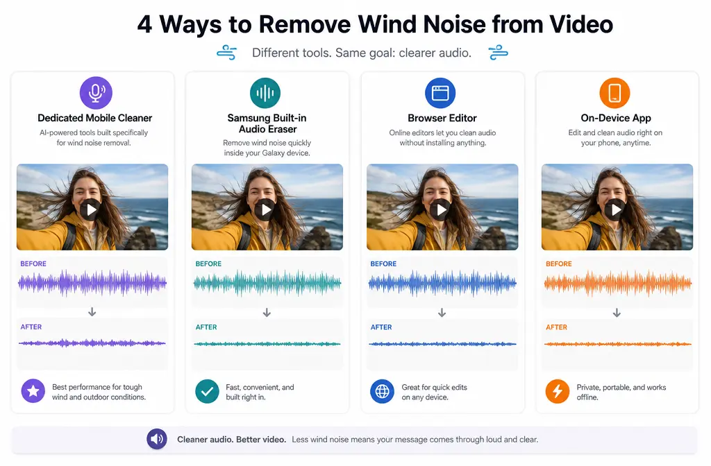 Comparison view of wind-noise removal tool types for video