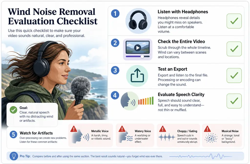 Checklist for evaluating wind-noise cleanup results on a video clip