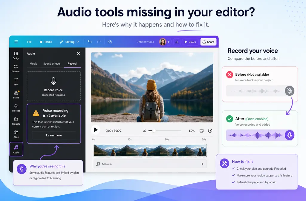 How to Fix Canva Enhance Voice Not Working: Missing Audio Tools, Plan Limits, Design-Type Glitches, and Better Fallbacks