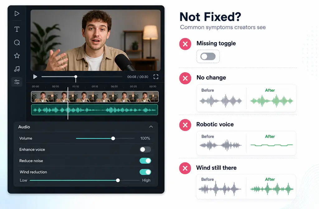 How to Fix CapCut Noise Reduction Not Working: Missing Toggle, Muffled Voice, Wind Limits, and Better Fallbacks