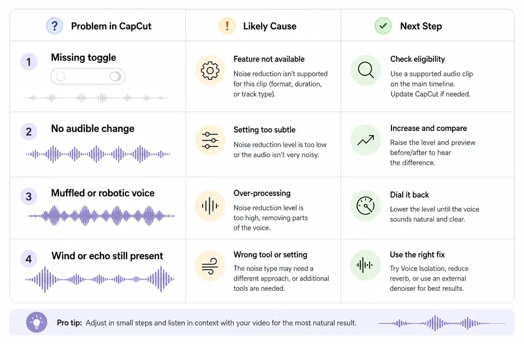 Symptom-based troubleshooting chart for CapCut noise reduction problems
