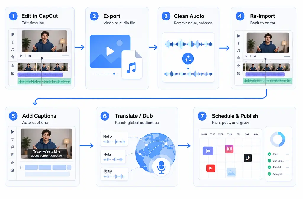 Workflow graphic showing export from CapCut, audio cleanup, re-import, captions, translation, and social publishing