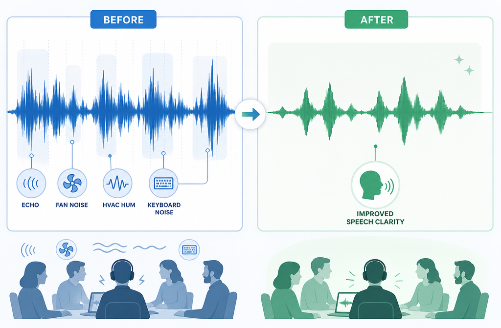 Before-and-after audio waveform showing echo and fan noise reduced in a meeting recording