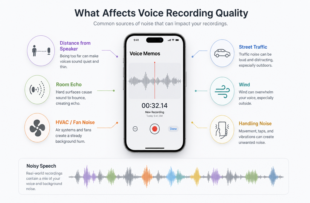 Annotated diagram showing why iPhone Voice Memos sound noisy, including distance, room echo, traffic, HVAC, wind, and handling noise