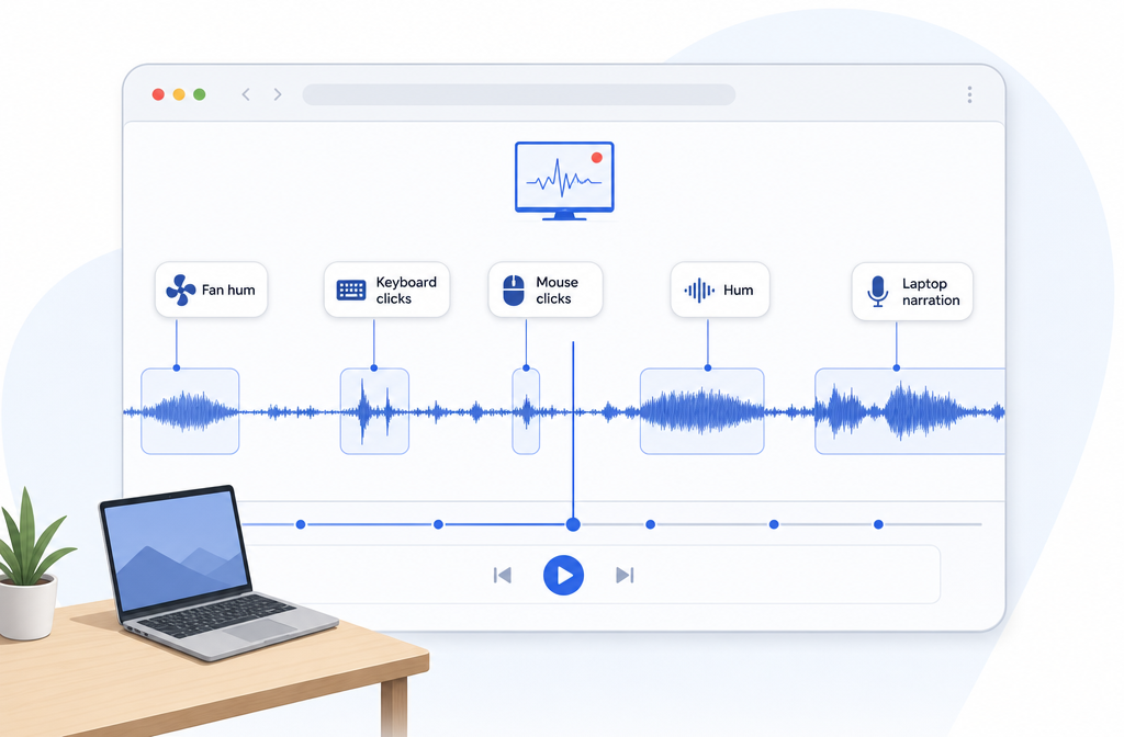 Diagnosis view for noisy screen recording audio with waveform and labels for fan hum, keyboard clicks, and thin narration