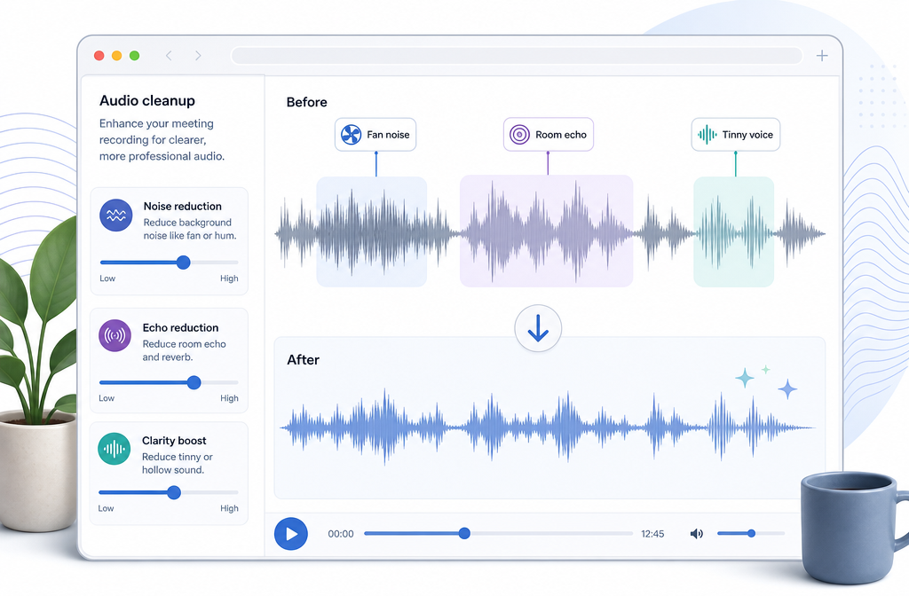 Before and after audio cleanup preview for a Webex recording showing reduced fan noise and echo with clearer speech waveform