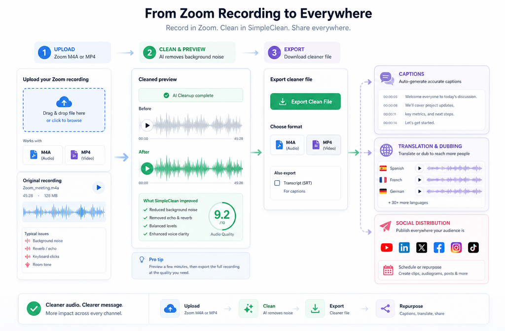 Online Zoom audio cleanup workflow from upload to export, captions, translation, and publishing