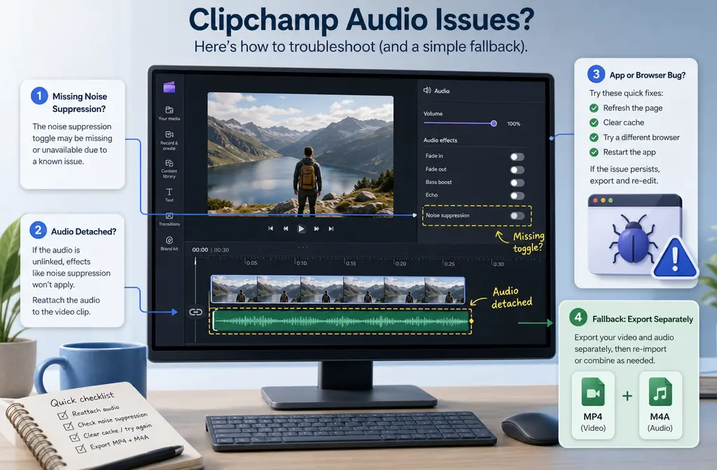 How to Fix Clipchamp Noise Suppression Not Working: Missing Toggle, Detached Audio, Browser/App Bugs, and Better Fallbacks