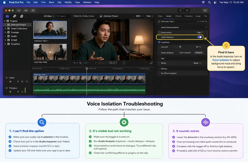 How to Fix Final Cut Pro Voice Isolation Not Working: Missing Option, Multichannel Audio, Audio Unit Conflicts, and Better Fallbacks