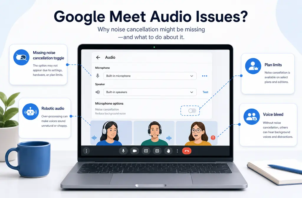 How to Fix Google Meet Noise Cancellation Not Working: Missing Toggle, Plan Limits, Voice Bleed, and Better Fallbacks