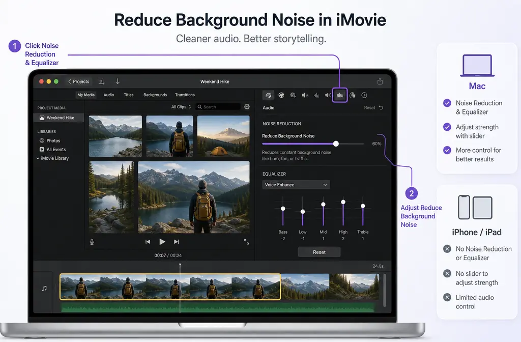 How to Fix iMovie Background Noise Reduction Not Working: Missing Controls, Greyed-Out Audio, iPhone/iPad Limits, and Better Fallbacks