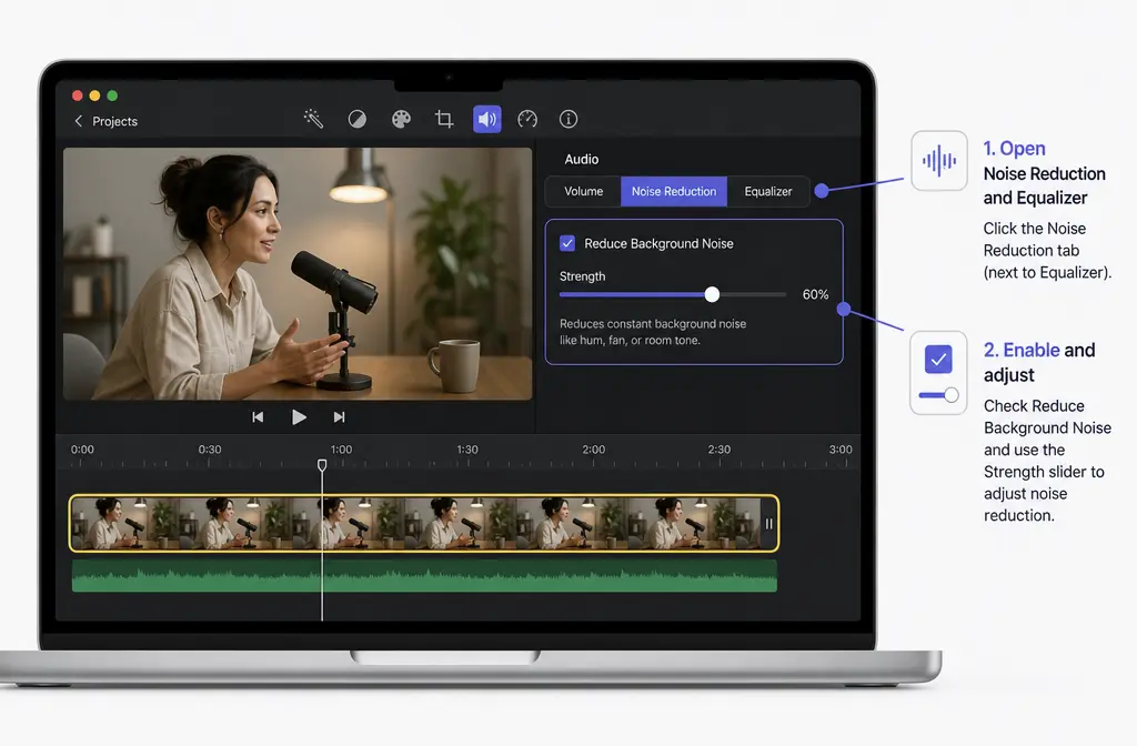 Annotated Mac editor view showing where the Noise Reduction and Equalizer controls appear in iMovie