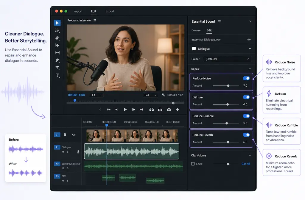 Premiere Pro Essential Sound panel with Dialogue and Repair controls highlighted