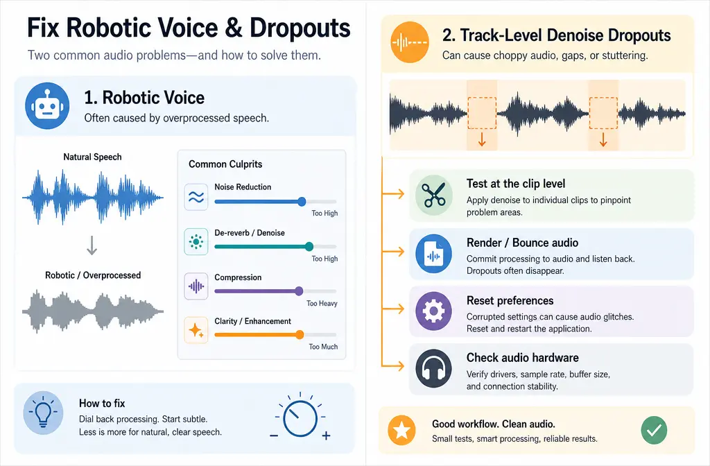 Troubleshooting flow for robotic voice and track denoise dropouts in Premiere Pro