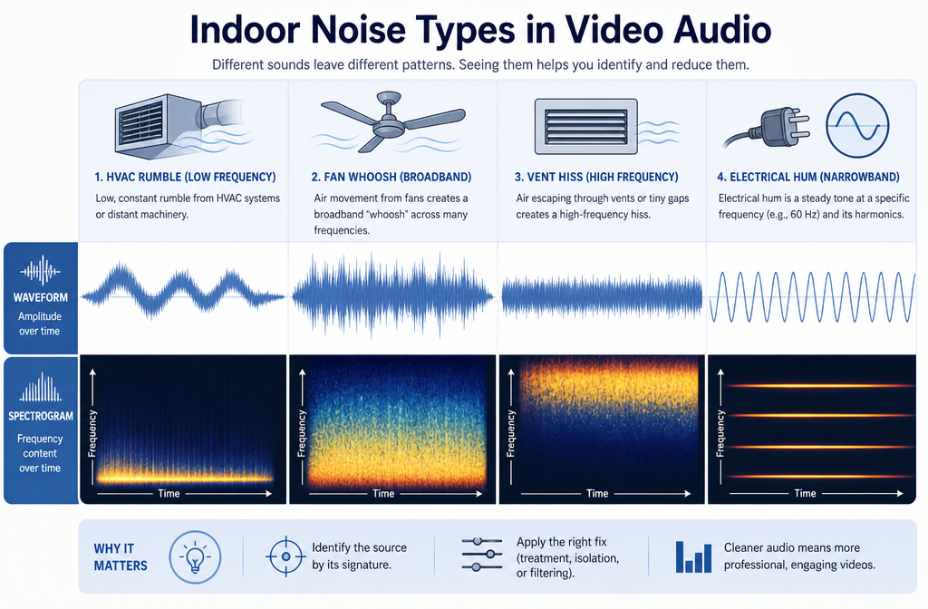 Spectrogram-style comparison of AC hum, HVAC rumble, fan whoosh, and electrical hum in video audio