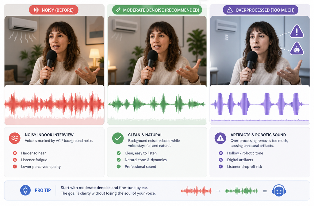 Before-and-after voice cleanup view showing moderate denoise versus overprocessed robotic audio