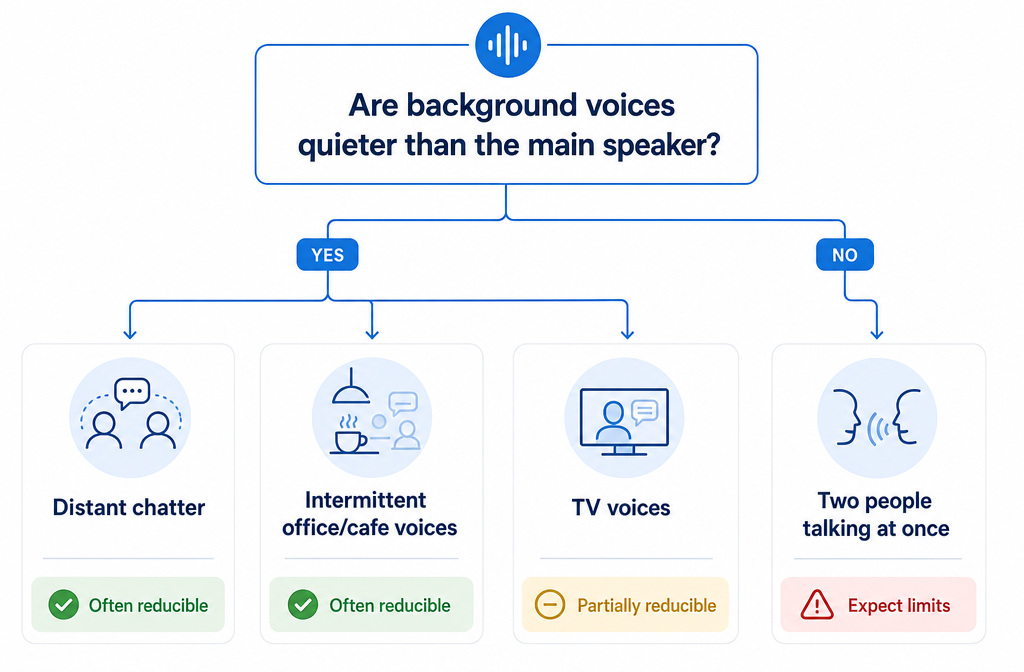 Decision tree for removing background conversation from audio based on overlap and speaker distance