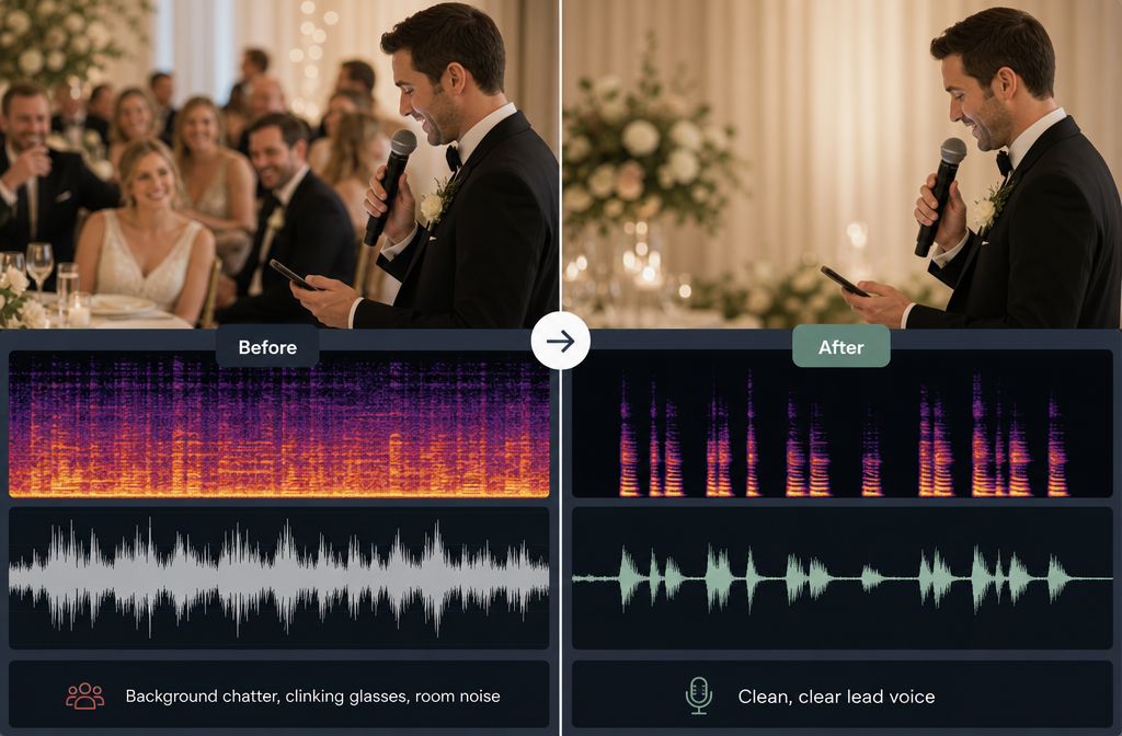 Before and after audio cleanup example showing waveform or spectrogram for wedding speech with table chatter