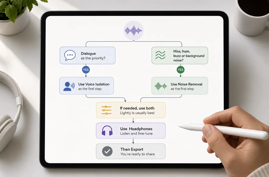 Decision workflow for using Voice Isolation first or Noise Removal first in Final Cut Pro for iPad