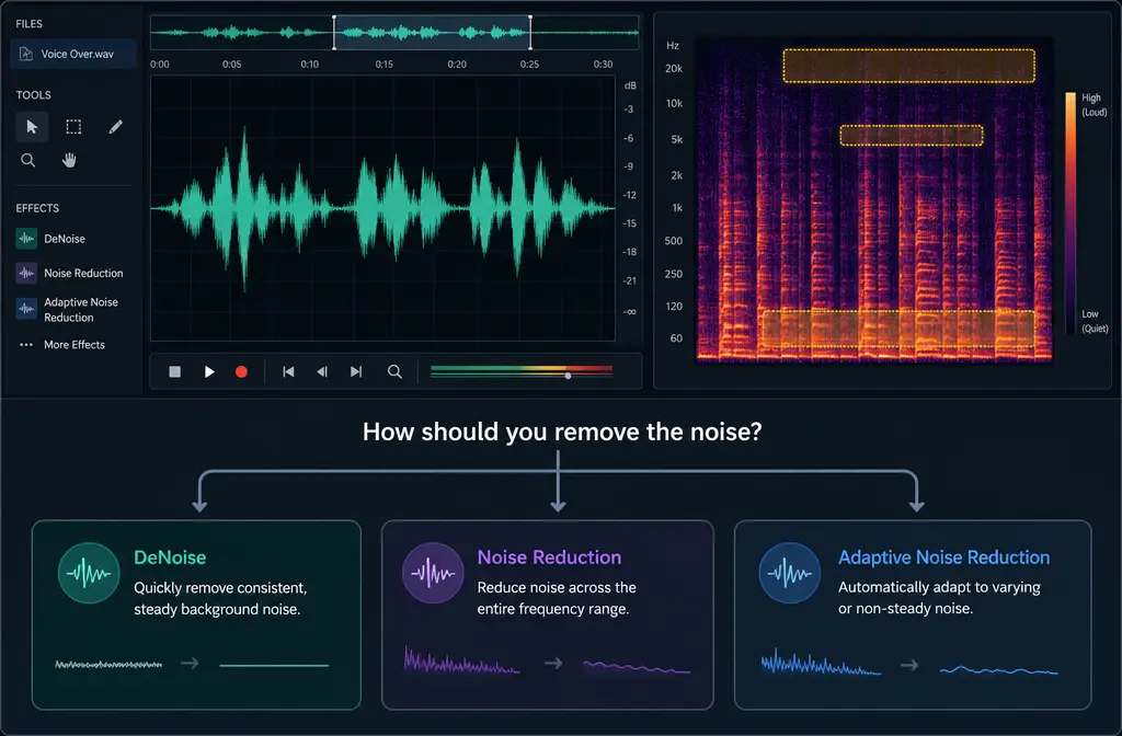 How to Remove Background Noise in Adobe Audition: DeNoise vs Noise Reduction vs Adaptive Noise Reduction