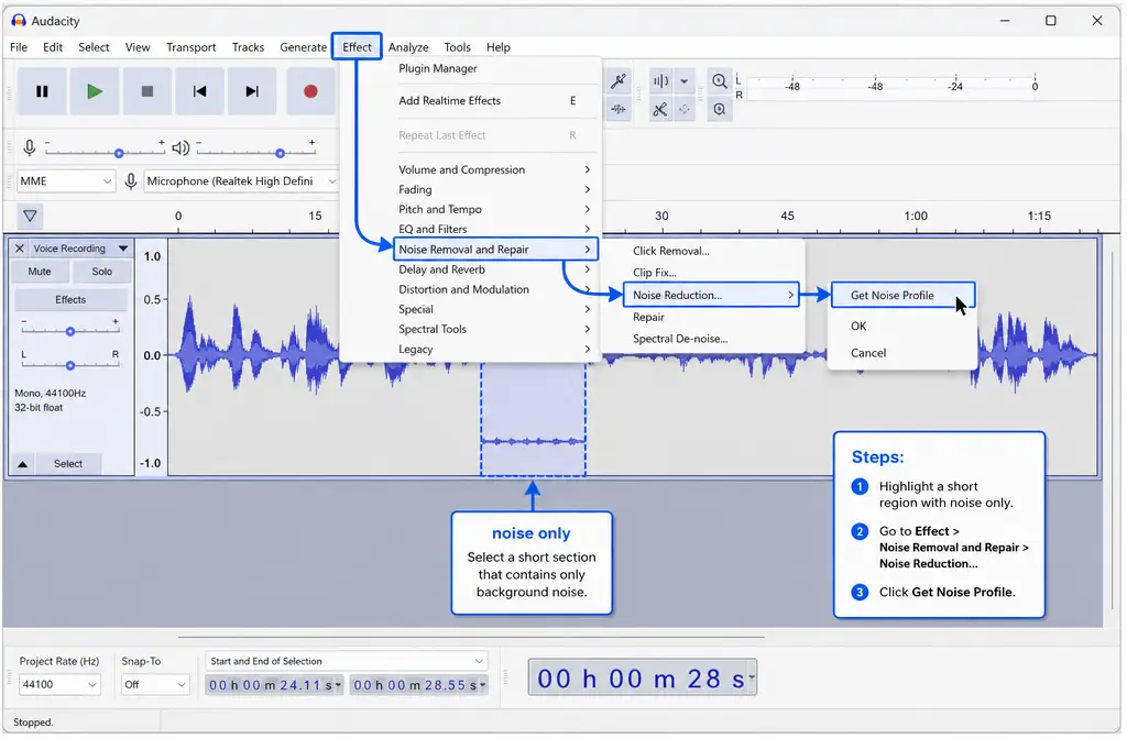 Audacity timeline showing a highlighted noise-only section before getting a noise profile