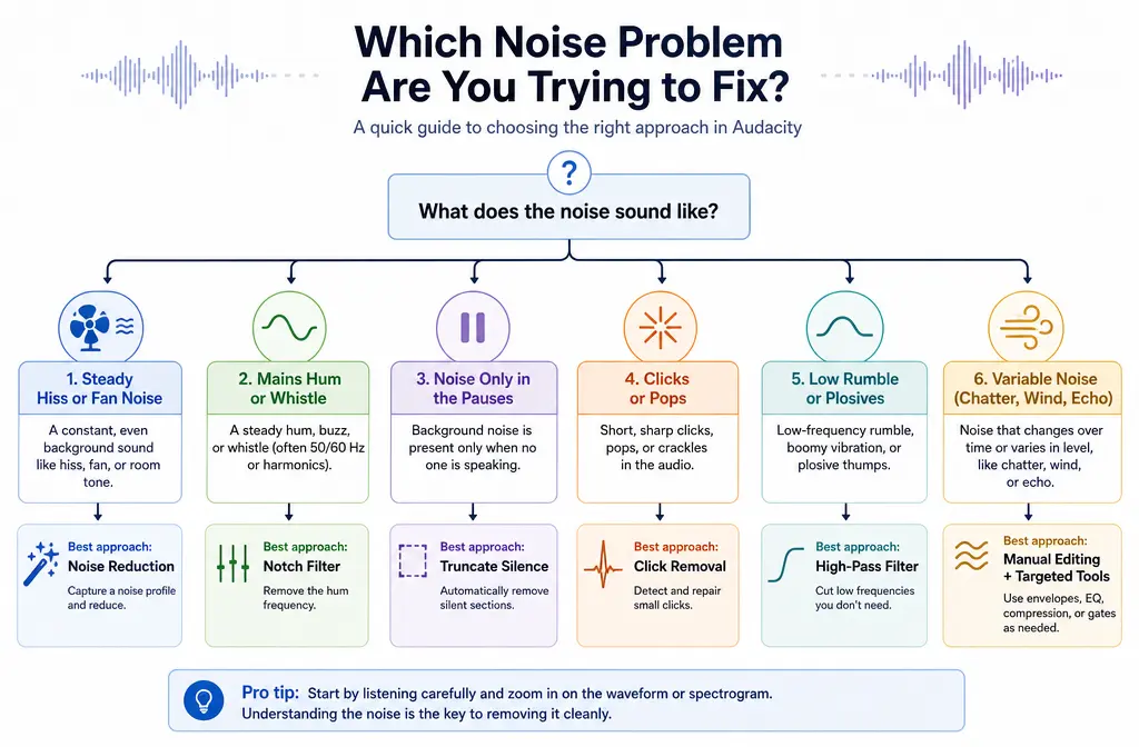 Decision tree for choosing Noise Reduction, Notch Filter, Noise Gate, Click Removal, or another tool in Audacity