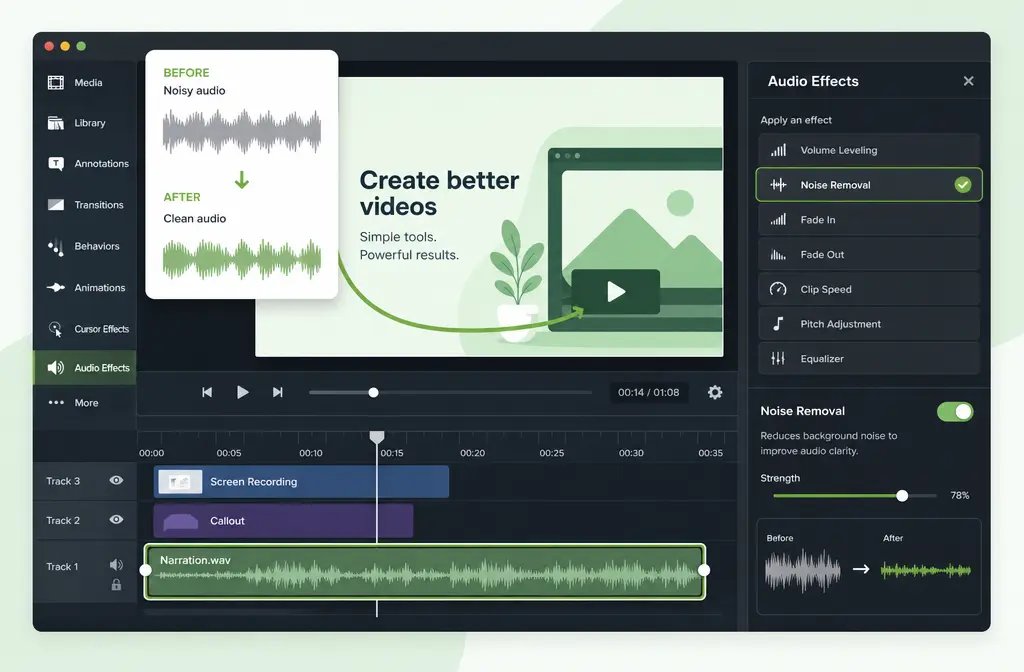 Camtasia-style timeline with Audio Effects panel open and Noise Removal highlighted on a voice track