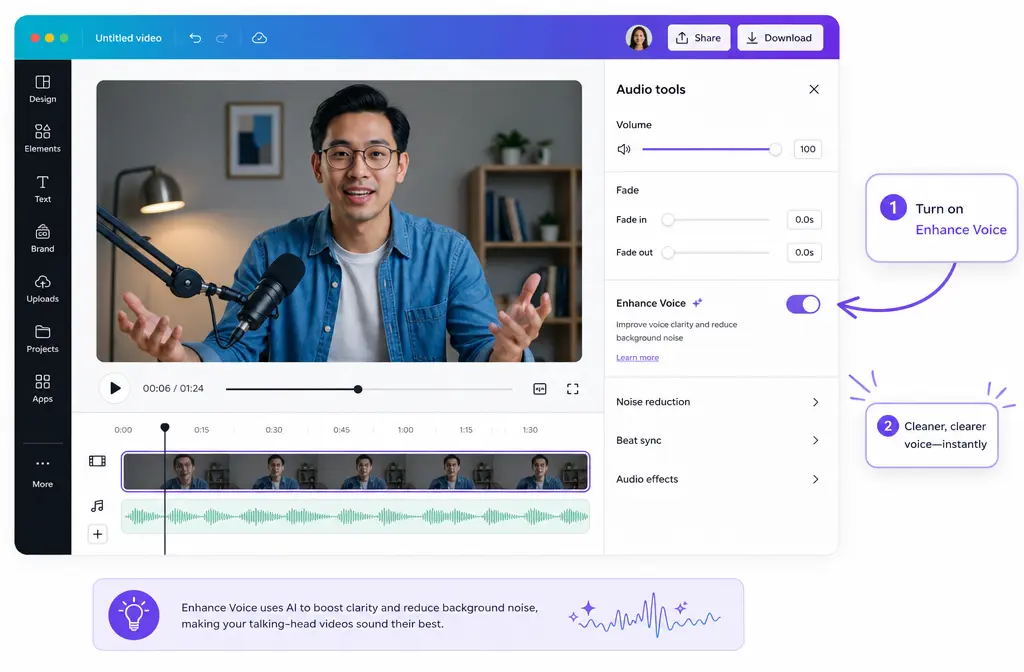 Canva desktop editor showing a selected video clip with Audio tools and Enhance Voice highlighted