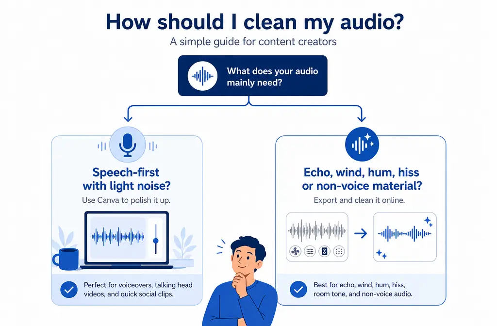 Decision graphic comparing when to use Canva Enhance Voice alone versus exporting the file for deeper online cleanup