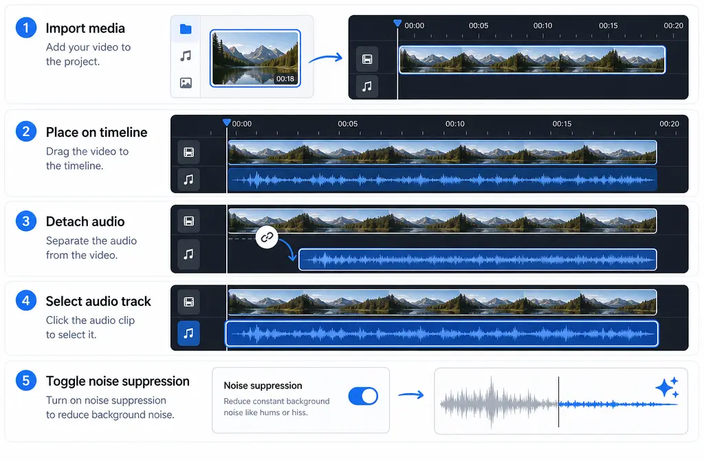 Clipchamp workflow showing import, timeline, detach audio, and enable noise suppression