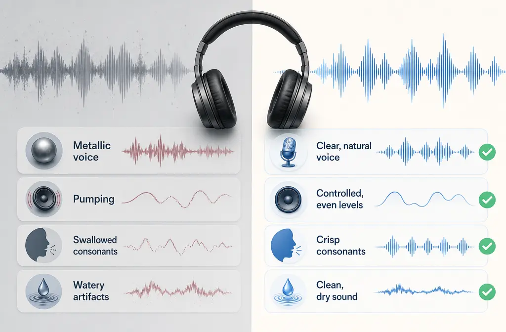Checklist graphic for listening to audio artifacts after noise suppression