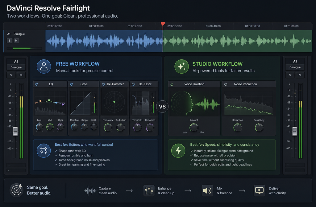 Comparison view of DaVinci Resolve Free vs Studio audio cleanup paths in Fairlight