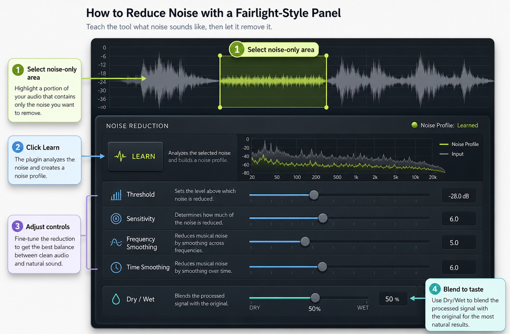 Fairlight noise reduction Learn workflow using a noise-only section before dialog cleanup