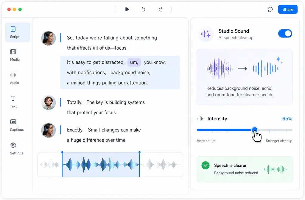 Descript composition view with Studio Sound enabled and the Intensity slider adjusted for spoken-word cleanup