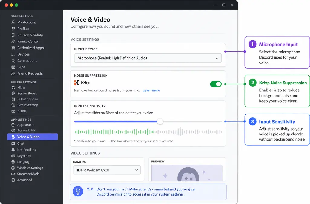 Annotated Discord desktop voice settings showing microphone selection, Krisp noise suppression, and input sensitivity
