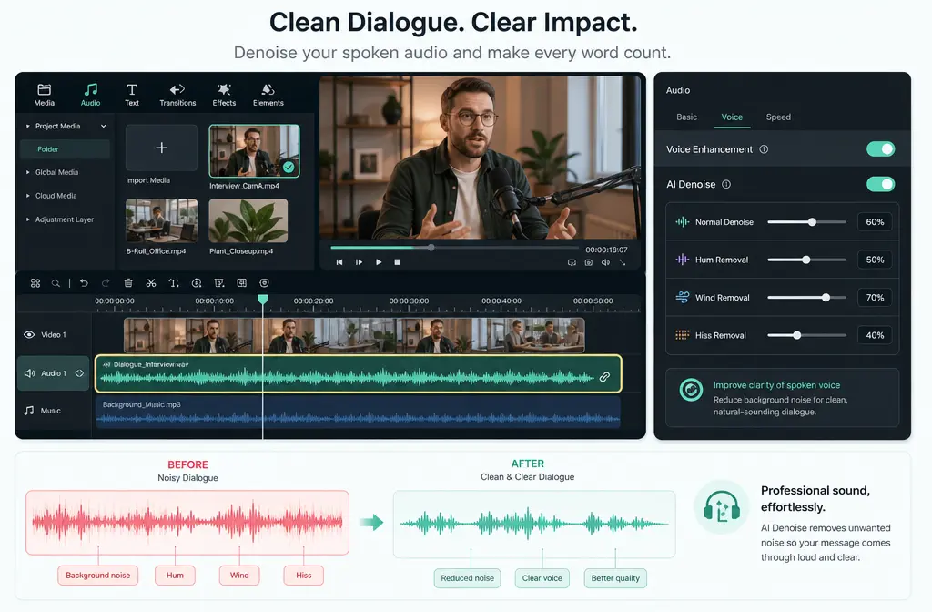How to Remove Background Noise in Filmora: Best Denoise Settings, AI Voice Enhancement, and When to Clean the Exported File Online