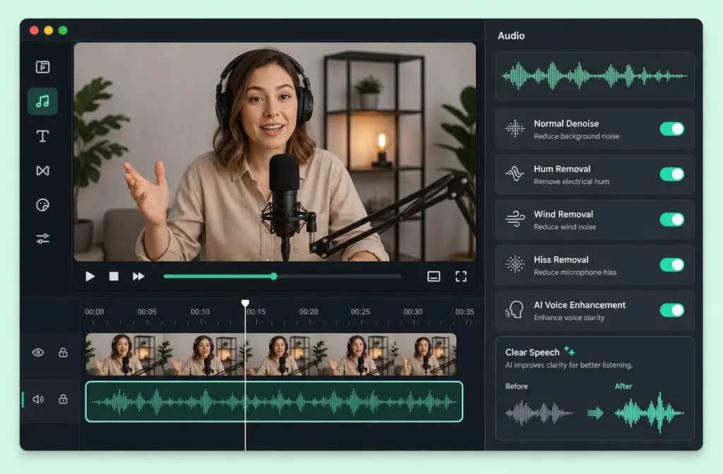 Filmora-style audio settings panel showing denoise controls for spoken audio cleanup