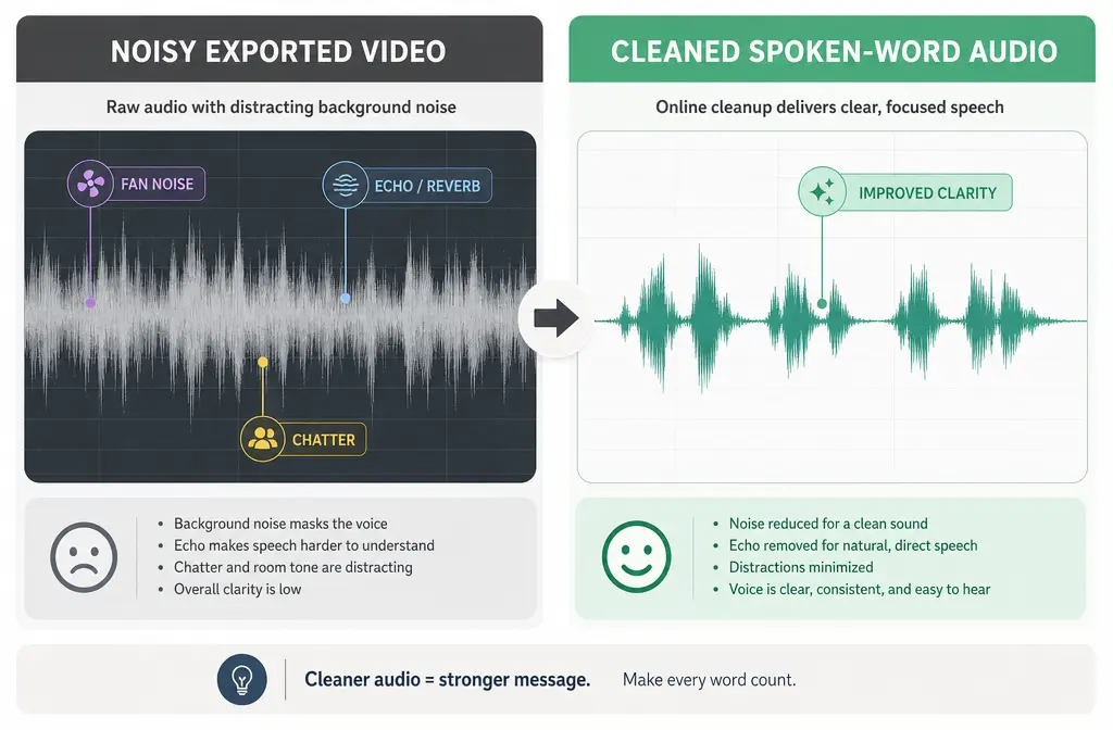 Before and after comparison of noisy dialogue cleaned after exporting from Filmora