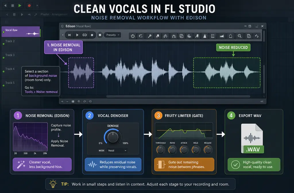 How to Remove Background Noise in FL Studio: Edison Denoise vs Vocal Denoiser vs Fruity Limiter, Best Order, and When to Clean the Exported File Online