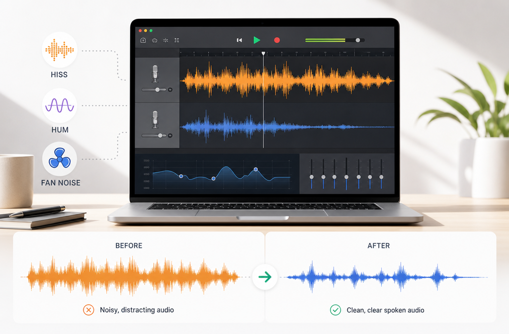 How to Remove Background Noise in GarageBand: When Noise Gate and EQ Are Enough vs When to Clean the Exported File Online
