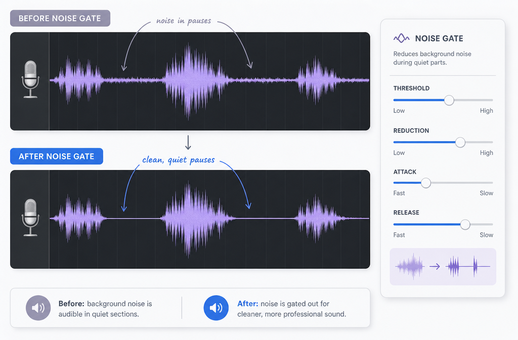 GarageBand voice track with Noise Gate adjusted to reduce noise in pauses