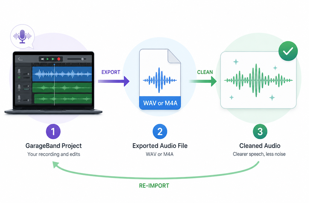 Workflow showing GarageBand export to online audio cleanup and re-import