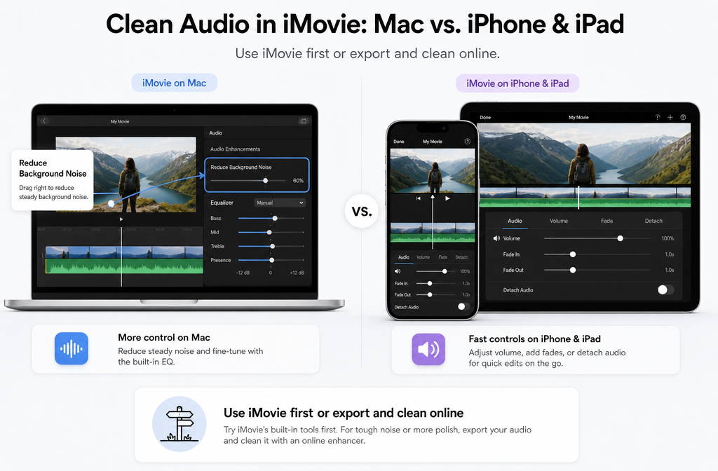 How to Remove Background Noise in iMovie: Mac Steps, iPhone Limits, and When to Clean the Exported File Online