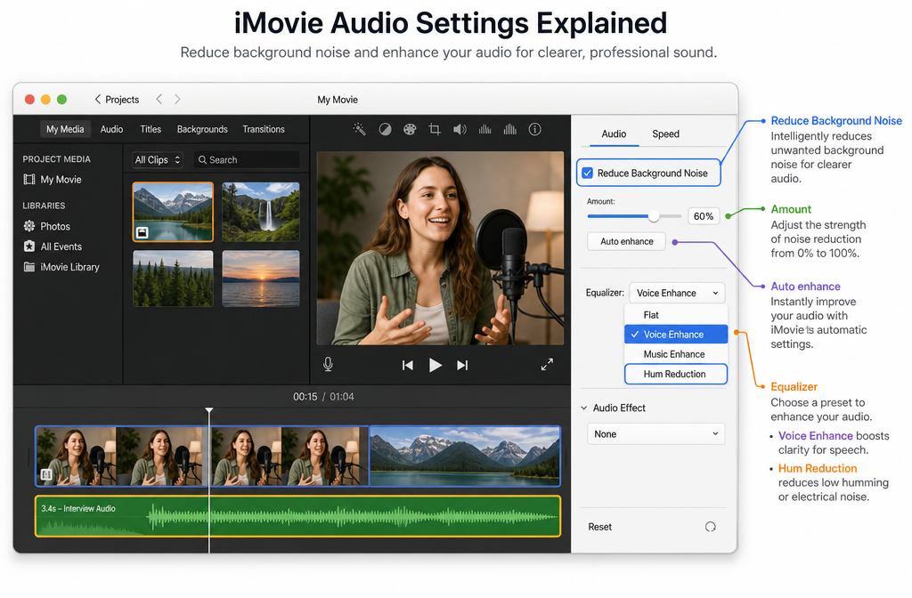Annotated iMovie for Mac audio controls showing Reduce Background Noise and Equalizer options